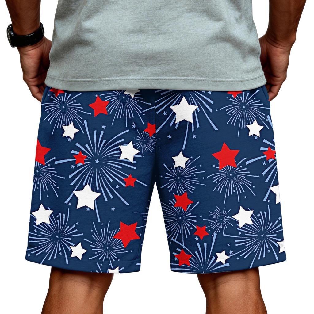 Men's Drawstring Waist Casual Shorts with Star Stripe Print Loose Fit Elastic Waistband and Side Pockets for Daily Wear