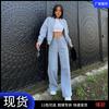 Women's Grey Cropped Zipper Hoodie and Loose Fit Sweatpants Casual Lounge Set