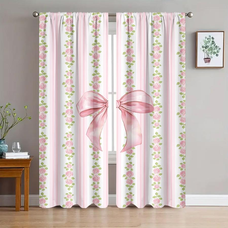 2PCS Digital Printed Curtains with Rose Bow Design, Stylish Window Drapes for Living Room Bedroom Home Decoration and Kitchen