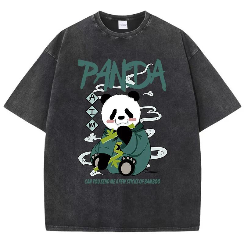Dámská nadměrná praná trička Kawaii kreslené pandy potištěná trička Zničený kulatý výstřih Bavlněná trička Letní oblečení