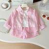 2026 Summer Kids' Cute Striped Sun Protection Three-Piece Set: Long Sleeve Shirt, Vest, Shorts