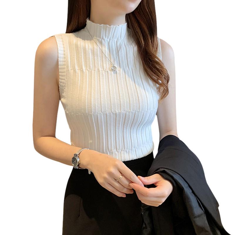 Summer Women's Sexy Solid Color Sleeveless Turtleneck Fashion Slim Knitted Vests