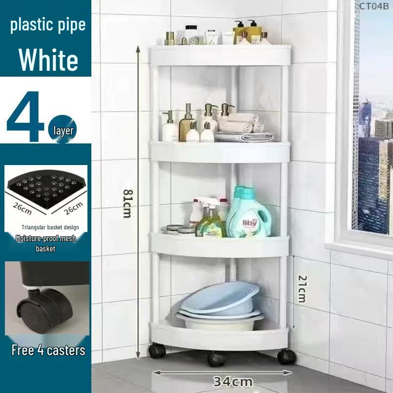Compact Triangular Bathroom Storage Rack: Multi-Layer, Floor-Standing, Moveable Corner Organizer.