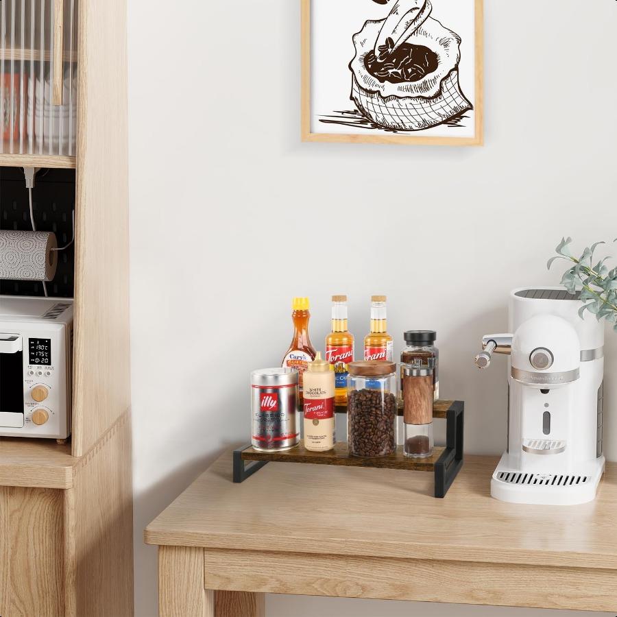 Spice Rack Organizer for Countertop 2 Tier Kitchen Counter Shelf Wooden Tiered Display Stand Riser Shelf