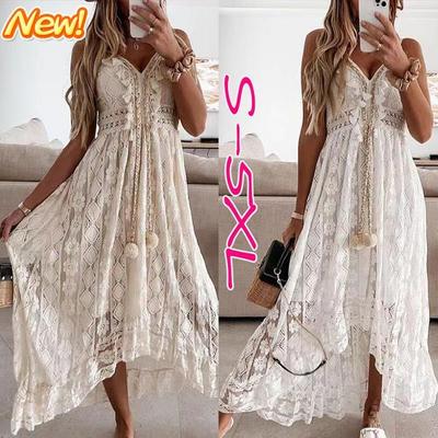 Summer New Women's Fashion Sleeveless Floral Dress Ladies Bohemian Beach Dress Ruffled Lace Long Dress Suspender Dress