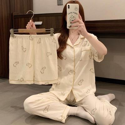 Koreanischer minimalistischer Pyjama-Set aus Wolkenbaumwolle mit Hasenprint: Damen Tragbare Dreiteilige Homewear
