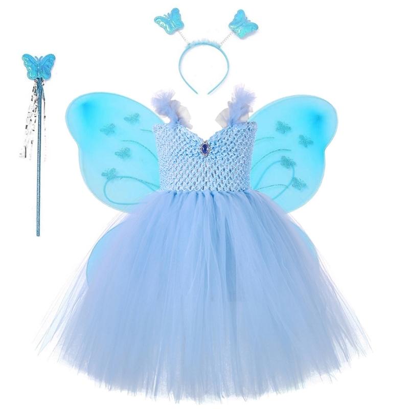 4Pcs Fairys Princess Costume Set with Butterfly Wing Angel Wand Tutus Dress Headband for Kids Little Girls