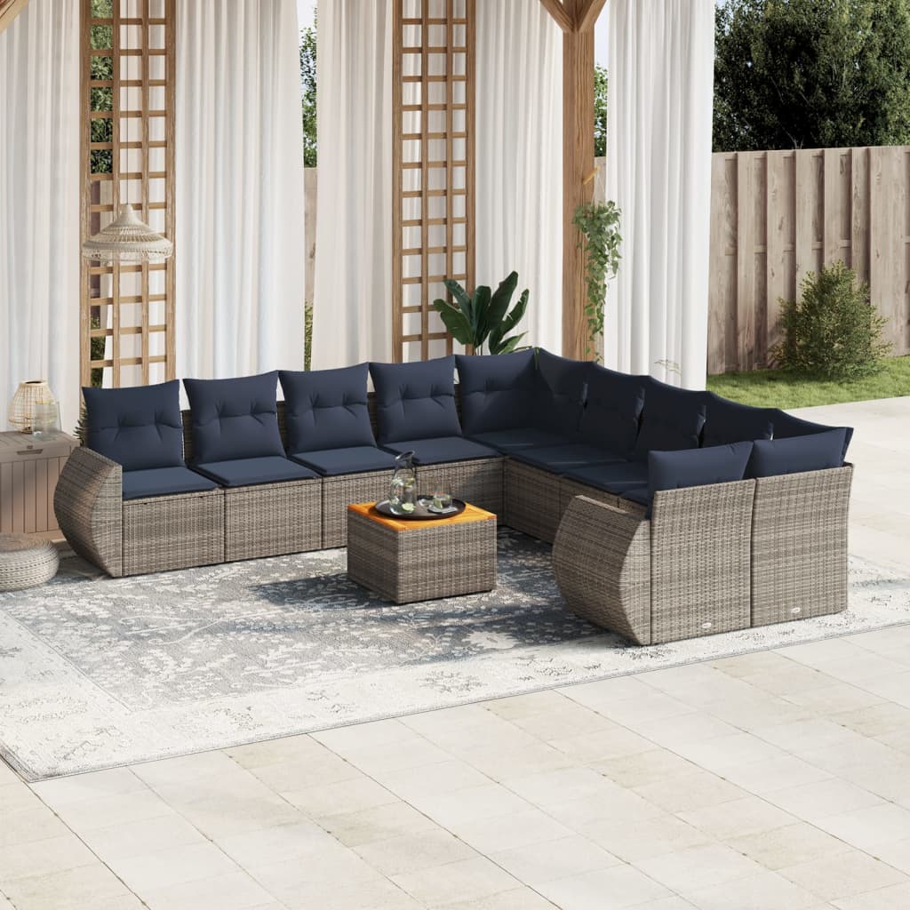 11 Piece Garden Sofa Set with Cushions Gray Poly Rattan