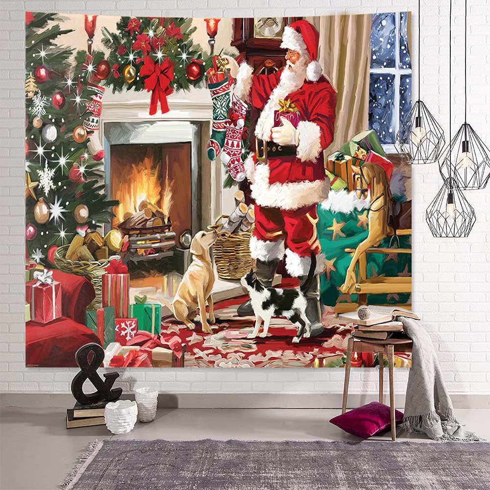 New Boss Christmas Santa Claus Fireplace Christmas Tree Tapestry Wall Hanging, Background Cloth Wall Decoration for Living Room,