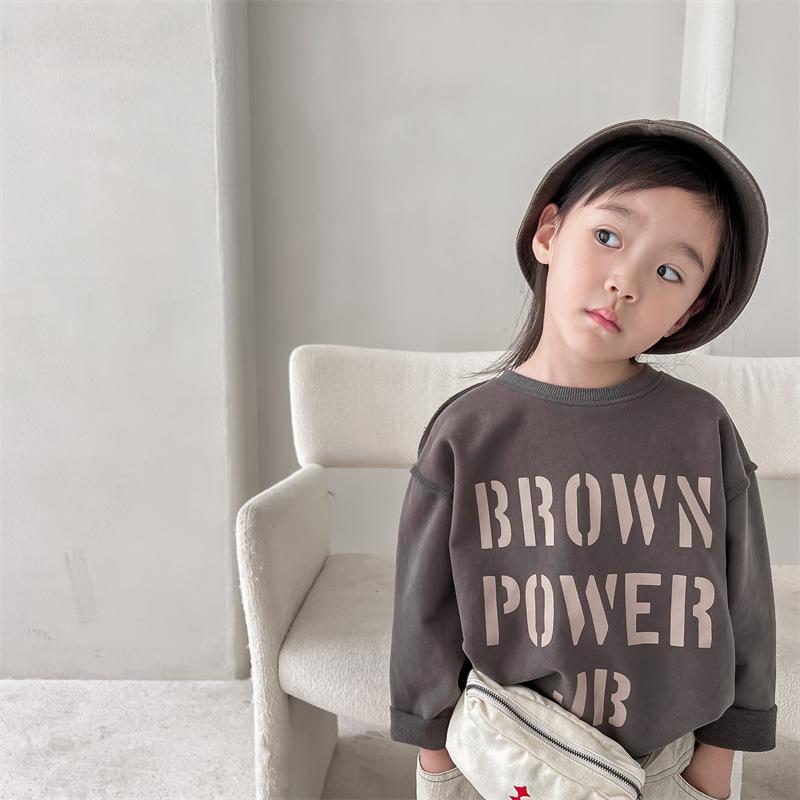 Autumn Korean Style Solid Color Letter Print Kids Long Sleeve Pullover Sweatshirt