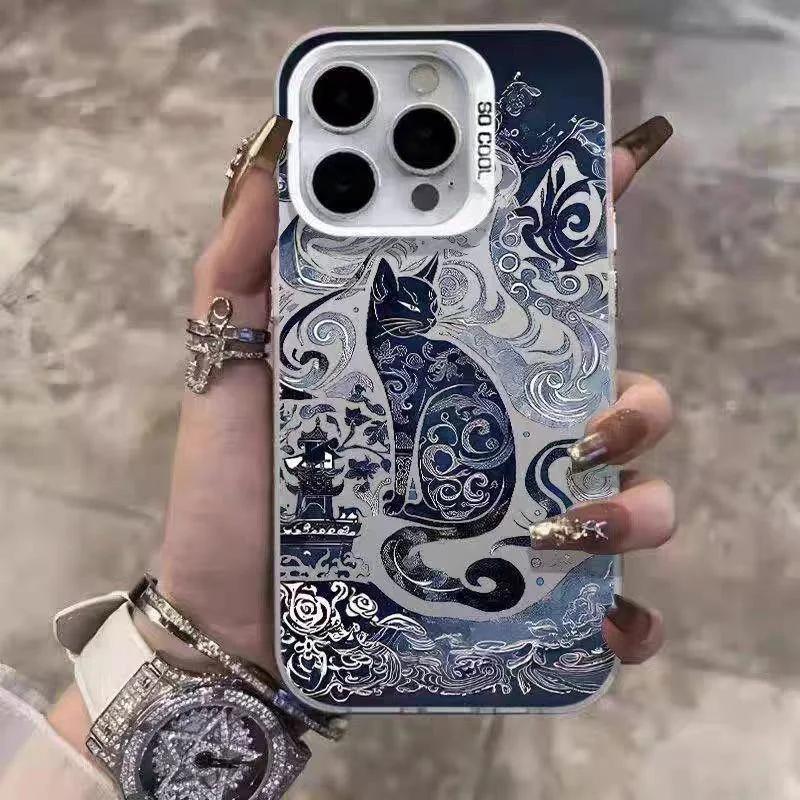 Electroplate Silver IMD Phone Case for IPhone 16 15 14 13 PRO MAX 11 12 13 PRO X XS XR 7 8 Plus Cute Blue and White Cat Cover
