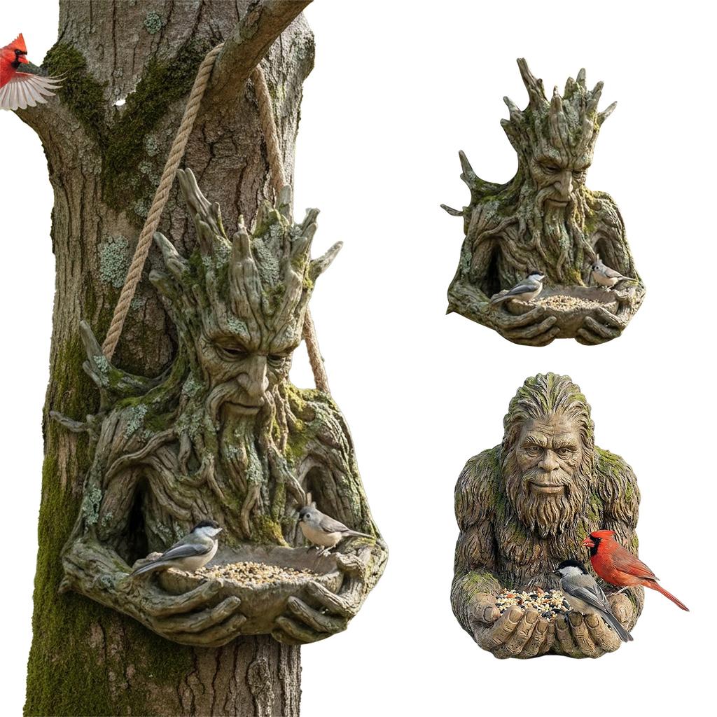 Bird Feeding Sculpture Multi-Purpose Ancient Tree Bird Feeder Resin Birds Feeding Station for Patio/Yard/Garden/Backyard/Balcony