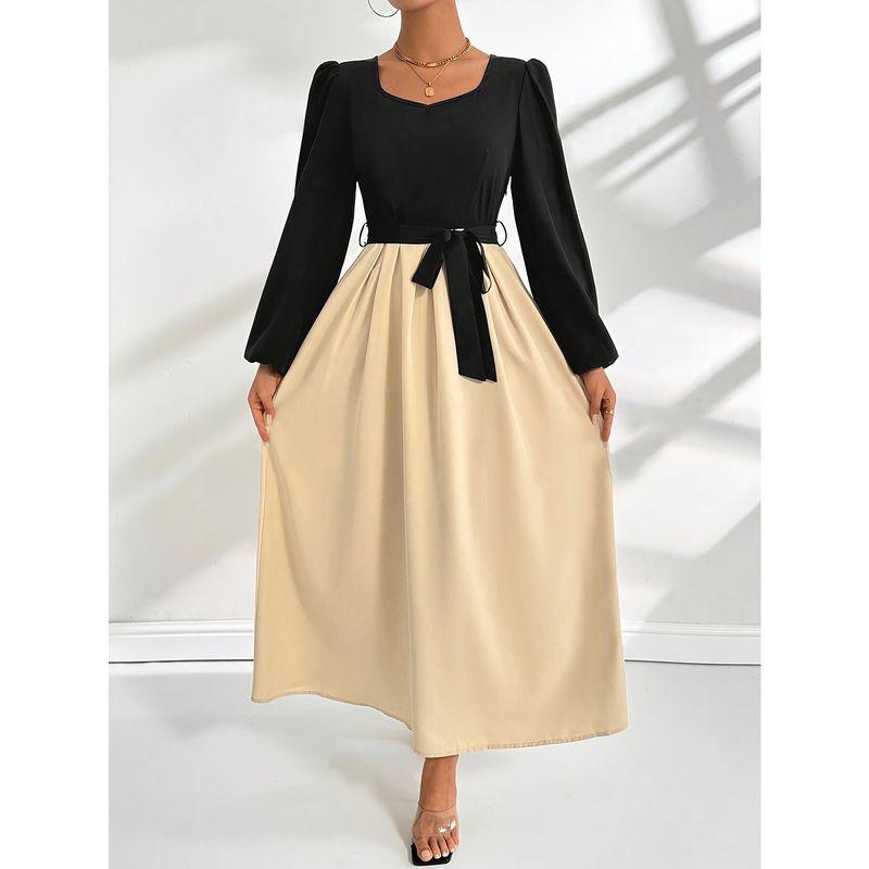 

Style Long Sleeve Patchwork Fake Two-Piece Dress Women s Autumn and Winter Clothing New Temperament Waist-Controlled Chic and Beautiful Inner Dress Apricot XS