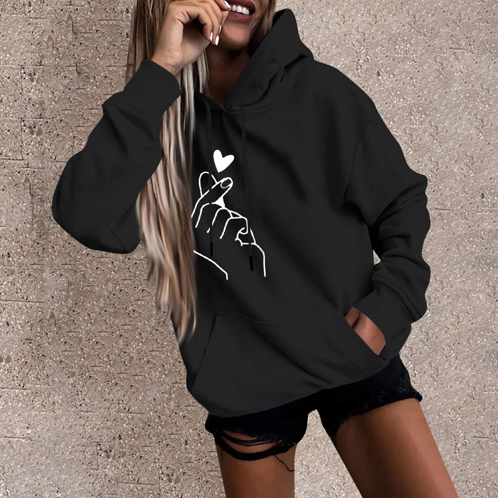 Women s Fashion Casual Fun Print Hooded Sweatshirt Loose Sports Tops Pullover L чёрный
