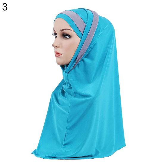Women Color Block Muslim Soft Hijab Wrap Polyester Islamic Scarf Cap Headwear