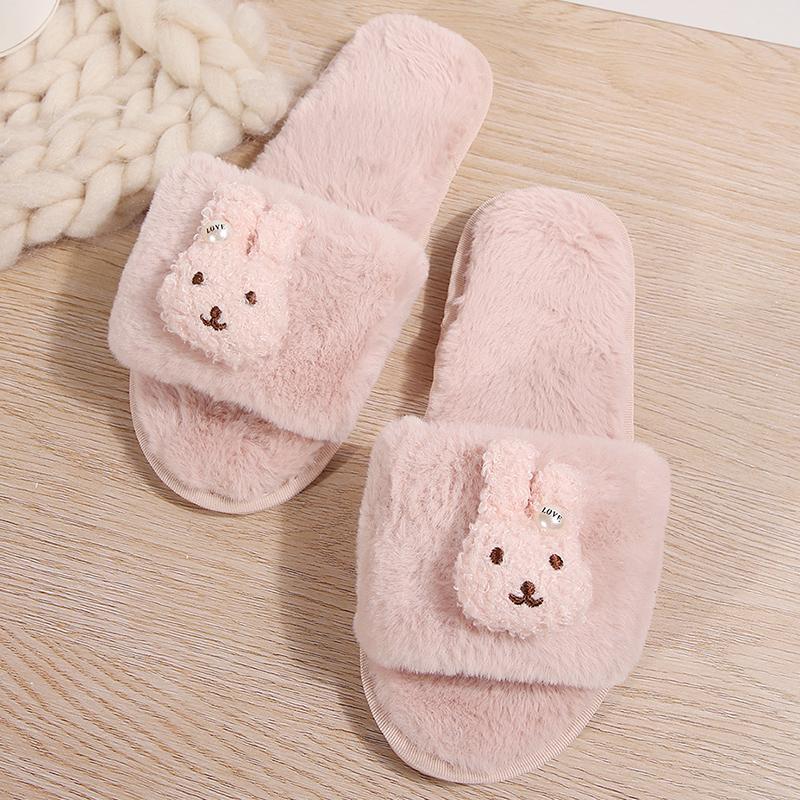 

Fashion Lovely Cartoon Rabbit Fur Slippers Women Indoor Light Slip On Cotton Slippers for Woman Autumn Winter Faux Fur Plush Slides Lady 40-41 розовый