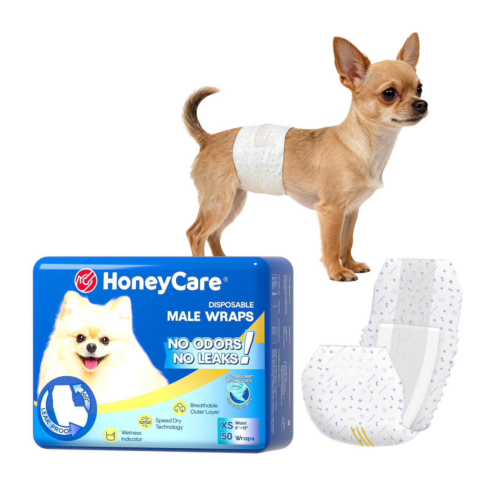 

HONEYCARE Dog Diapers for Highly Patterned Males, Urine-Free, 50-Pack, Absorbent, (XS) белый