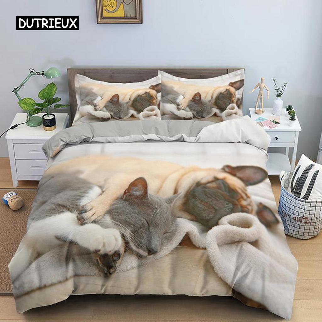 Dog and Cat Bedspread Cover Kit Queen Size Size Animal Theme Twin Size Sleep Bedding Kit for Kids Boys Girls Cozy Microfiber Fabric 3D Design Puppy