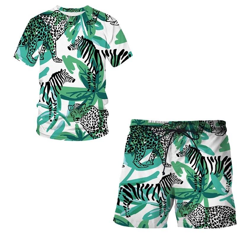 Herren-Sportanzug, T-Shirt + Shorts, Trainingskleidung, 2-teiliges Set, kurzärmelige Sportbekleidung mit Cartoon-Tier-3D-Leopardendruck
