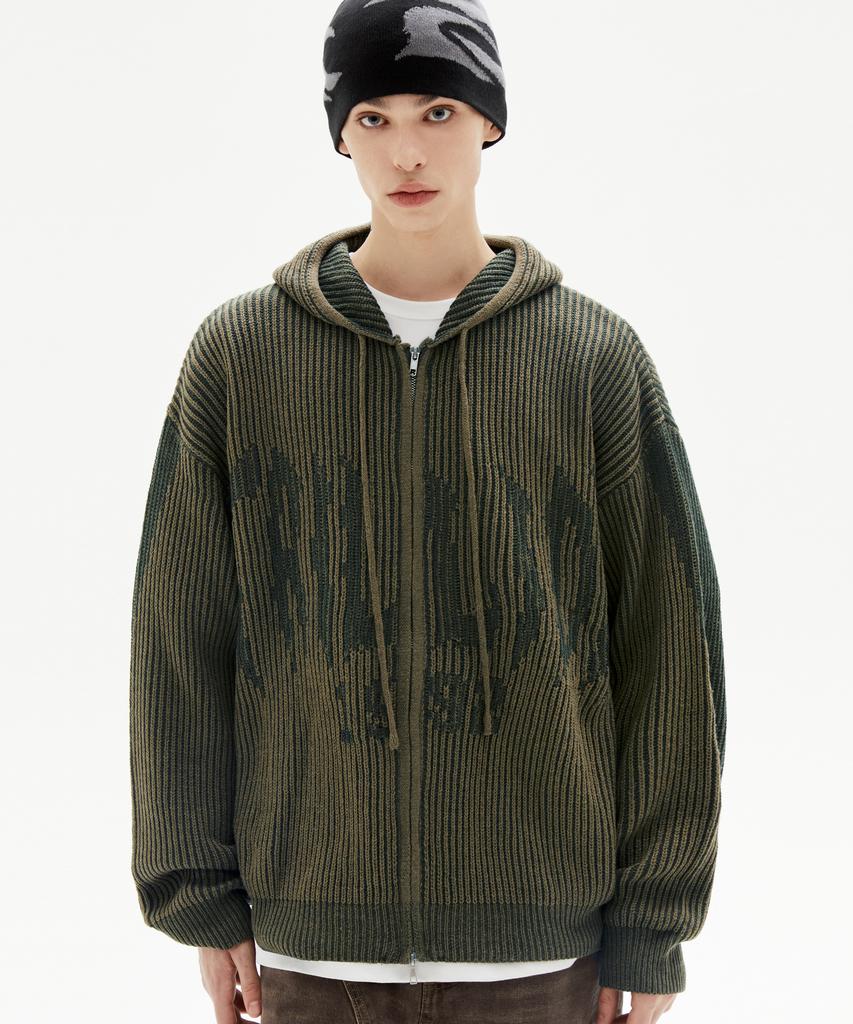 TRILLION Washable Two-Tone Hooded Zip-Up Graphic Knit (Khaki)
