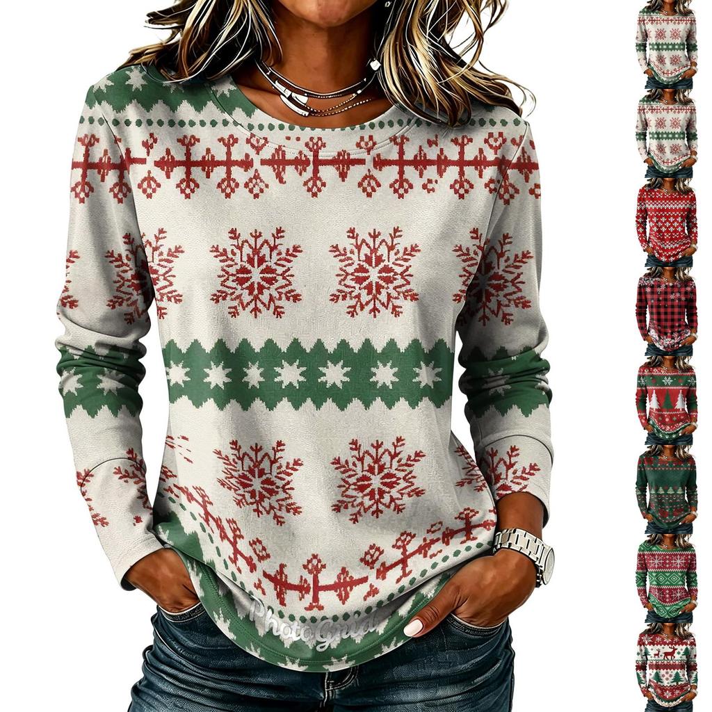 Women's Stylish Casual Christmas Print Long Sleeve Neck Top for Winter Holiday