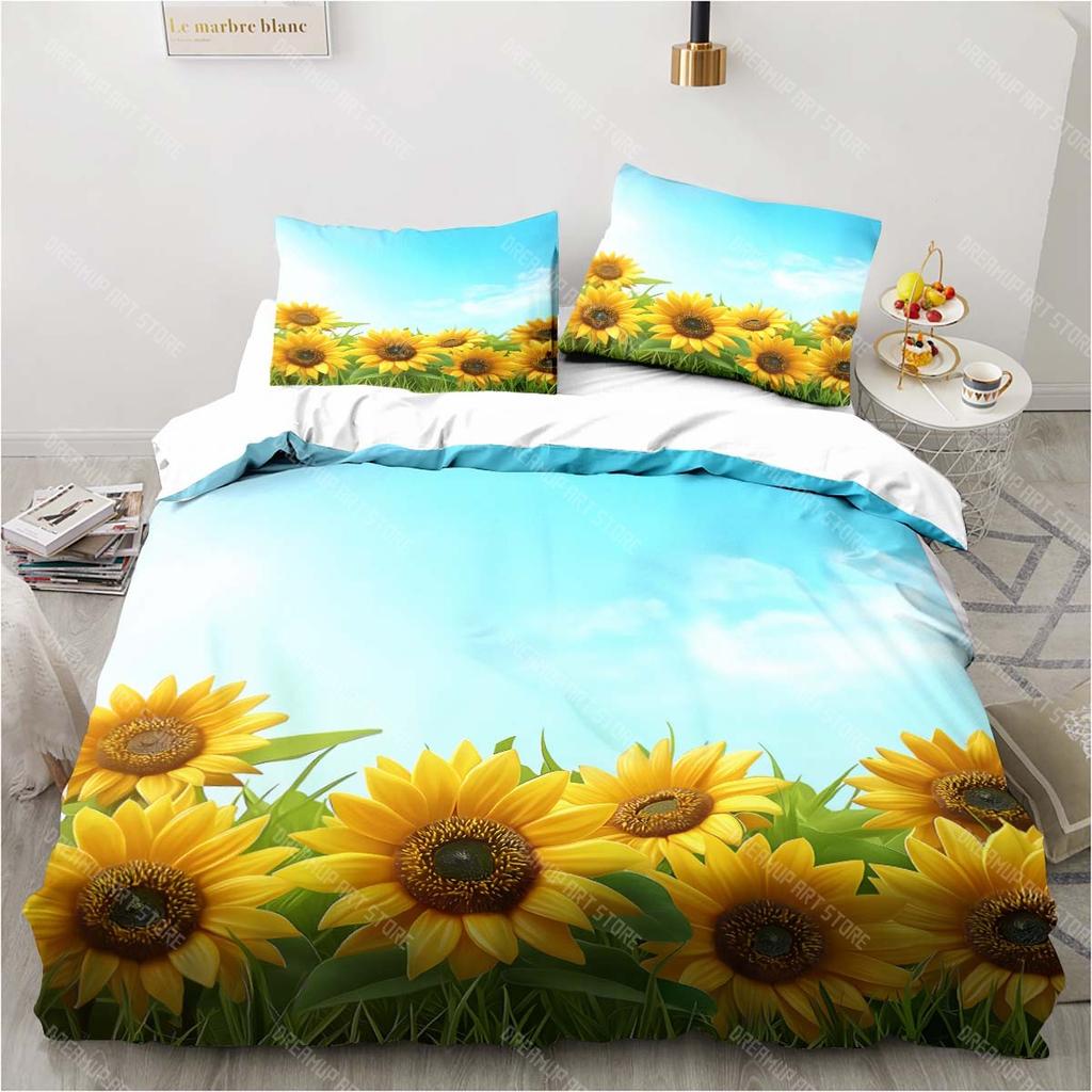 3D Sunflower Printing Set Bedding Floral Pattern Three-piece Set Living Room Bedroom Home Decoration Pillowcase Quilt Cover Gift