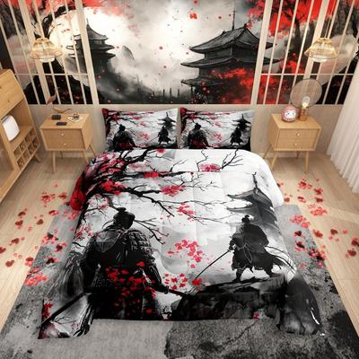Conjunto de Cama Japonês Samurai Vermelho 3 Peças Estampado em 3D Confortável Capa de Edredom Tamanho King Queen Solteiro Presente de Aniversário Decoração de Quarto