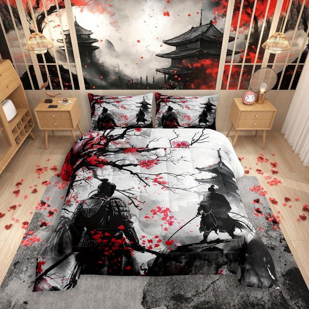

3Pcs Red Japanese Samurai 3D Printed Bedding Set Comfortable Duvet Cover King Queen Twin Size Birthday Gift Bedroom Decoration US Queen228x228cm