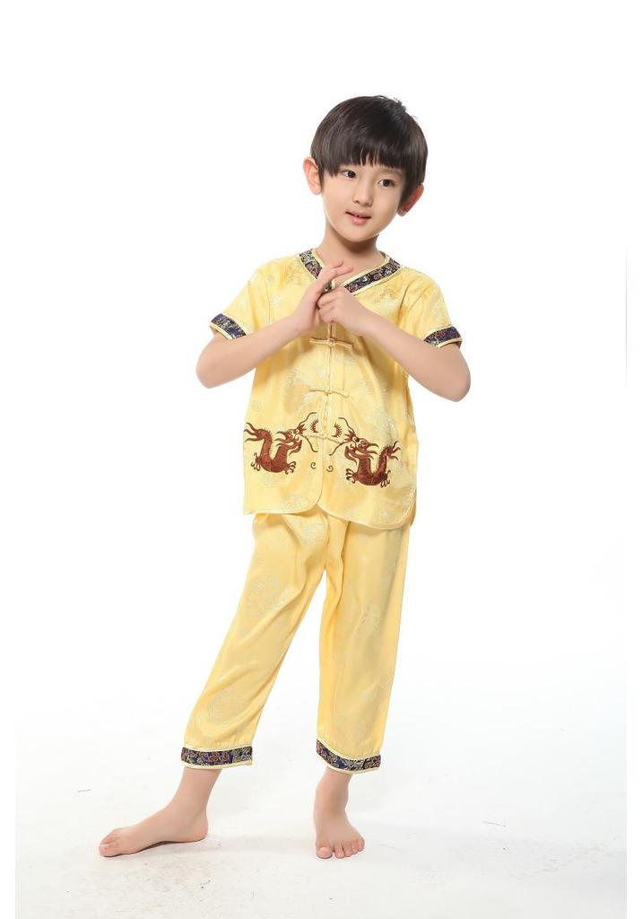 Red Double Dragon Embroidered Tang Suit Set - Boys' Short Sleeve Summer Wear