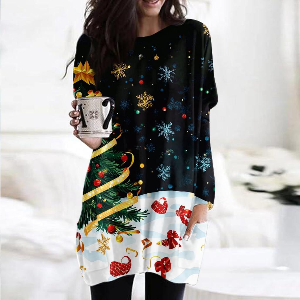 Dámská móda ležérní tričko s vánočním potiskem s kulatým výstřihem a dvojitou kapsou s dlouhým rukávem