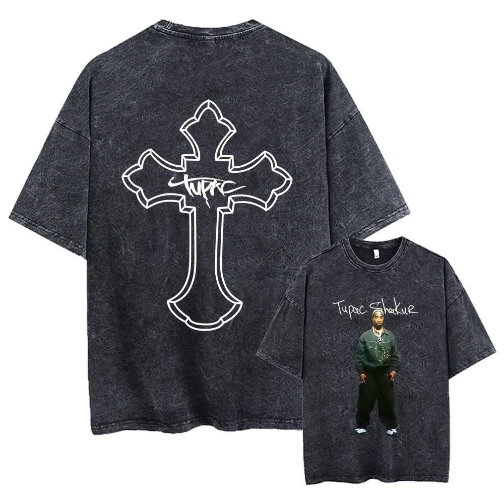 Rapper Tupac 2pac All Eyez On Me Cross Vintage Washed T Shirt Men Hip Hop Fashion Retro Tshirt Mens Casual Oversized Tshirts
