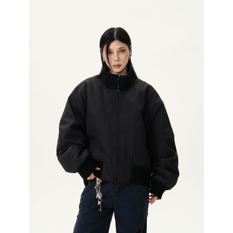 Kisko Winter American Casual Profile Stand Collar Pilot Jacket Trendy Black & Warm Short Cotton Coat Jacket
