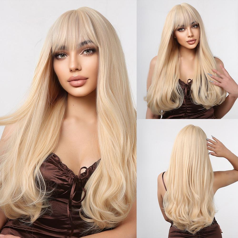 Long Natural Wavy Platinum Blonde Wigs with Bangs Cosplay Party Lolita Synthetic Wigs for Women Heat Resistant Fiber