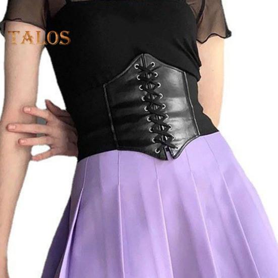 Women Lace-up Corset Wide Elastic Waist Belt Faux Leather Slimming Body Waistband Dress Shirt Decoration