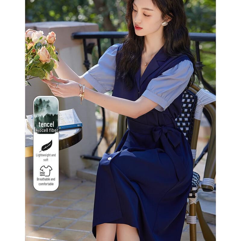 Demana Summer Color Block Tie-Waist Midi Dress L