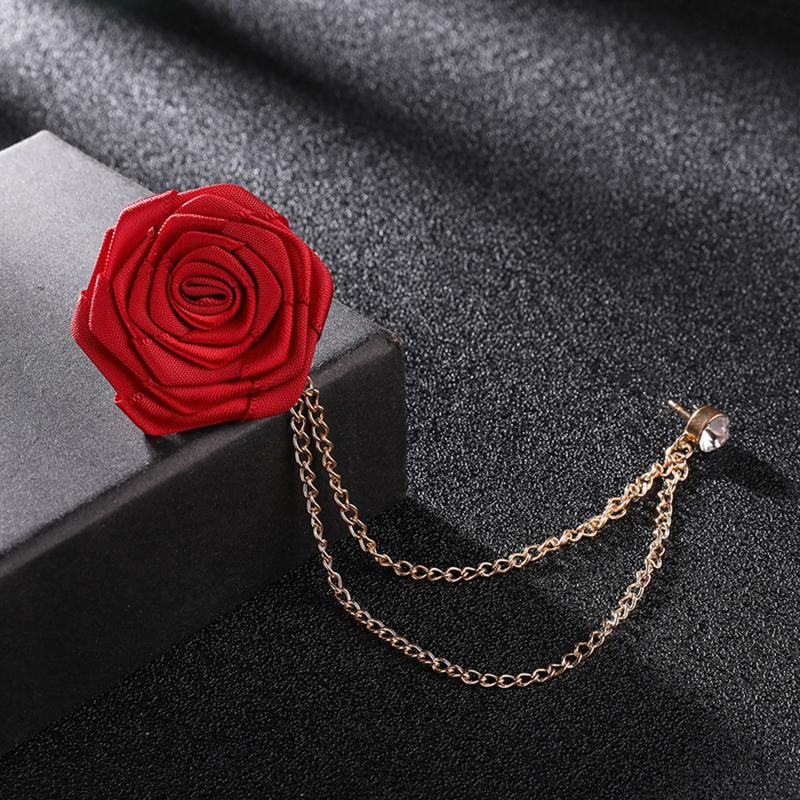 Bridegroom Wedding Brooches Cloth Art Hand-made Rose Flower Brooch Lapel Pin Badge Tassel Chain Men Suit Garment Accessories