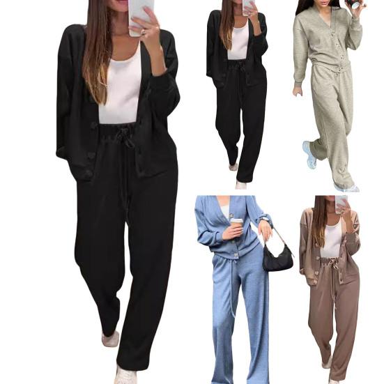 2 Stück/Set Damen Hemd Hosen Set V-Ausschnitt Einreihig Langärmlig Gestrickt