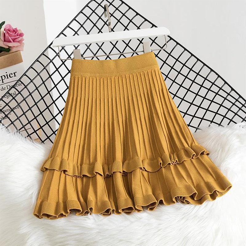 Fusta tricotată Femei Toamnă și Iarnă cu talie înaltă Fusta plisată A-line Volane Culoare pură Talie elastică