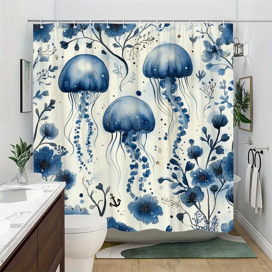 1Pc Blue Jellyfish Shower Curtain - Digital Watercolor Translucent Design With Bell-Shaped Bodies, Trailing Tentacles & Aquatic