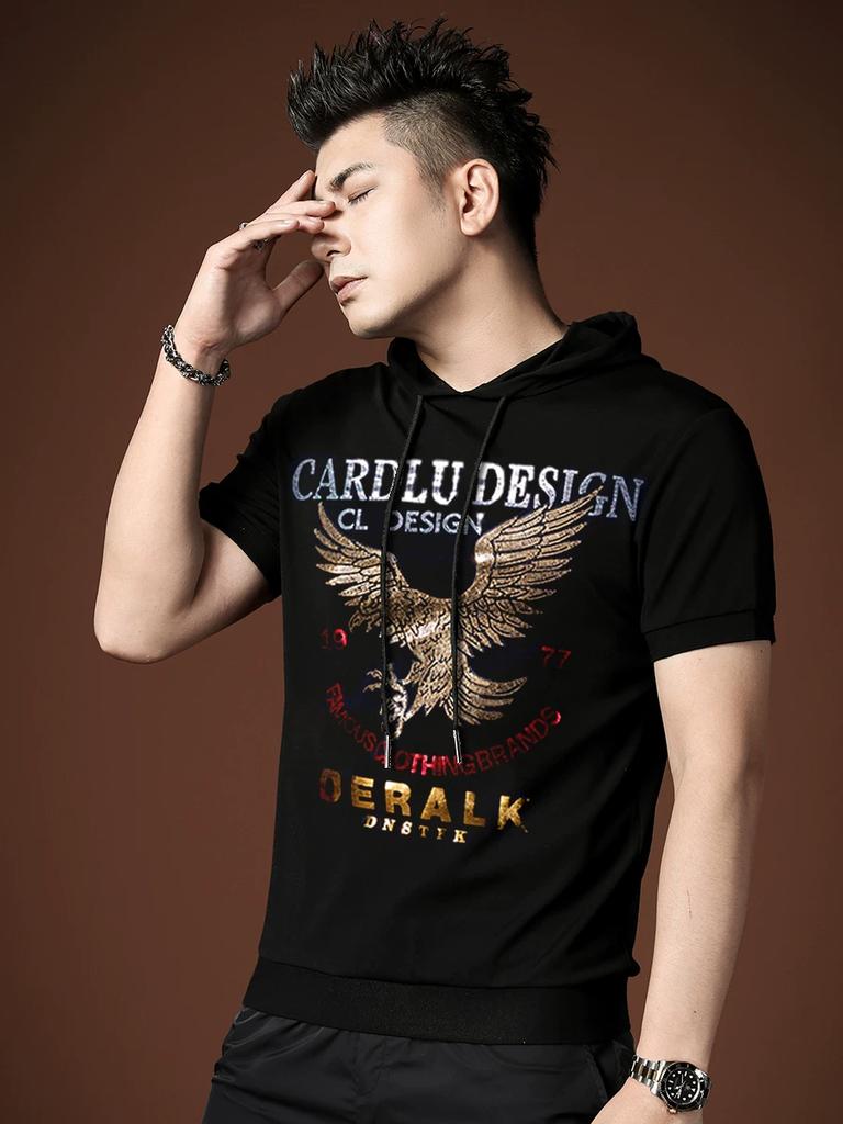 Ozhouzhan Men's Sports Hood Short sleeve T-shirt Summer New Eagle Laser Print Half Sleeve Hoodie Men's Clothing