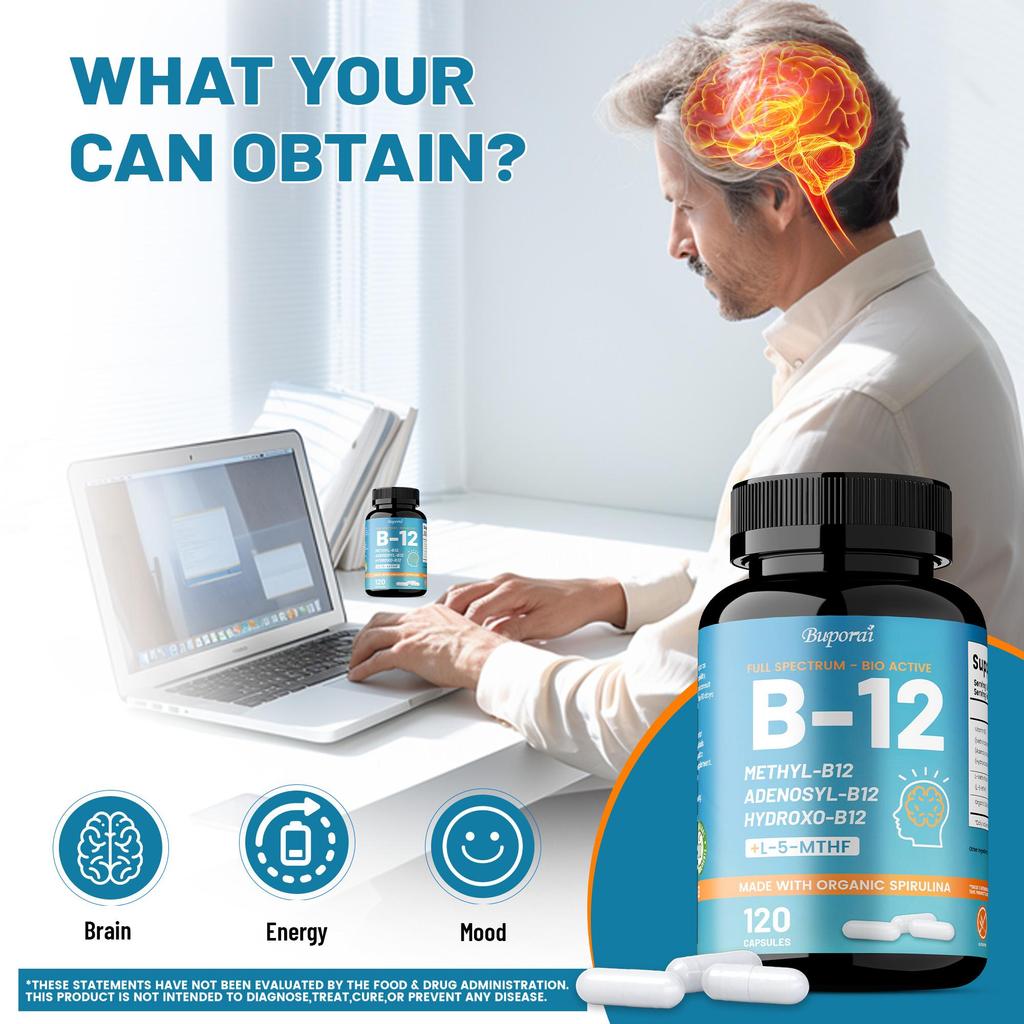 Vollspektrum-Vitamin-B12-Kapseln enthalten alle drei natürlichen Formen von Vitamin B12 und aktive Folsäure, die helfen, Energie, Konzentration und Stimmung zu steigern.
