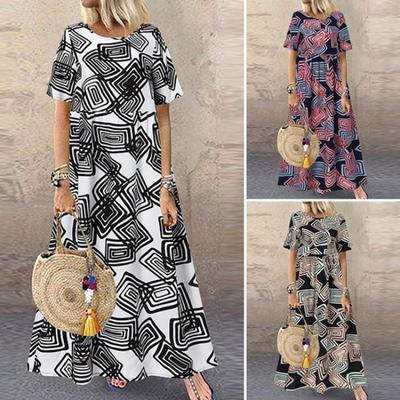 Women O-neck Short Sleeve Summer Geometric Printed Loose Long Dress