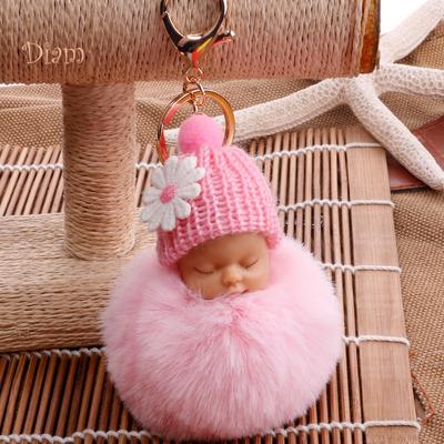 VANA Shop Cute Sleeping Baby Fluffy Pompom Plush Doll Hanging Pendant Key Ring Keychain