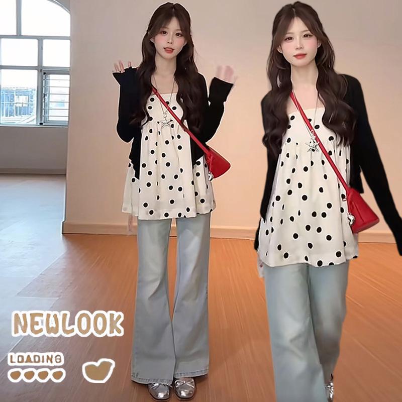 Spring/Summer 2026 Sweet Petite Maternity Polka Dot Camisole & Cardigan Three-Piece Jeans Set 2XL