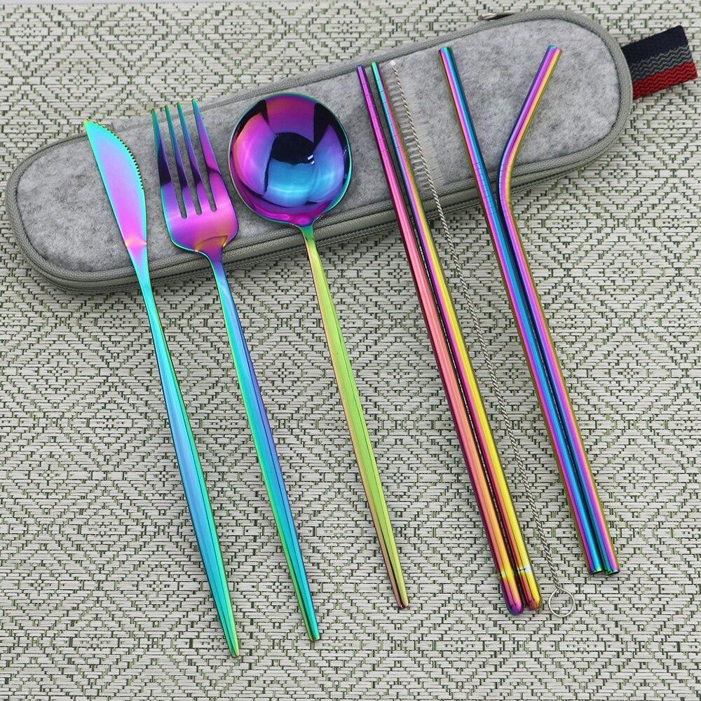 8pcs Black Dinnerware Set Travel Cutlery Set Camping Dinner Set Stainless Steel Tableware Set with Straw Brush Chopsticks Portable Case