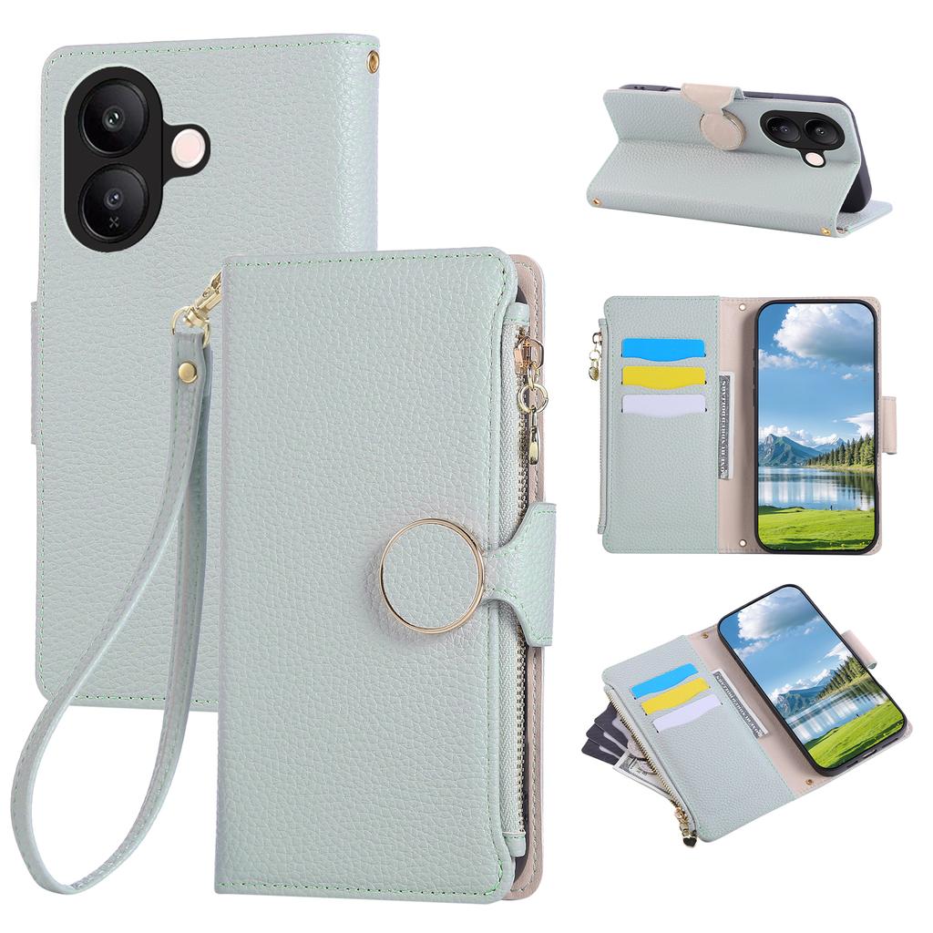 For vivo V60 Lite 5G Case Zipper Wallet Leather Phone Cover with Wrist Strap
