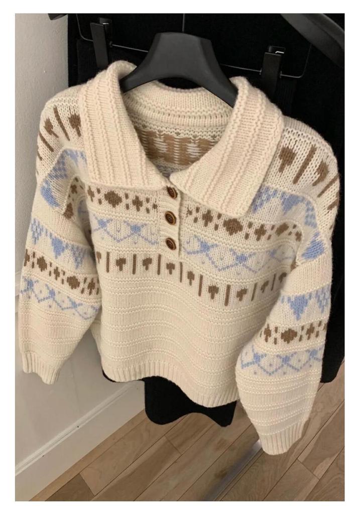 Women's Cozy Jacquard Knit Lapel Sweater - Soft, Casual Academic Style for Autumn and Winter