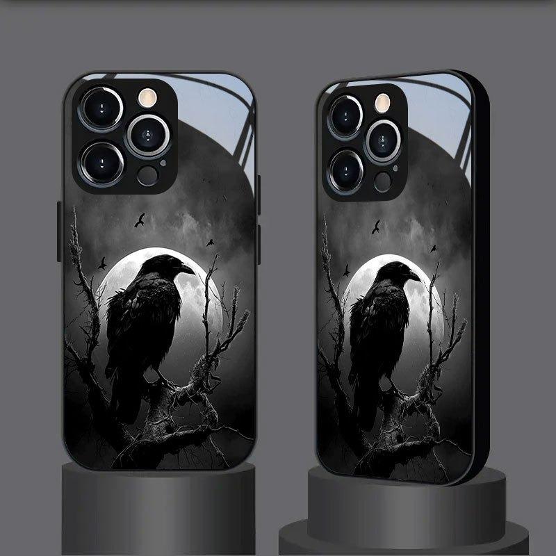 Night Raven Bright Moon Pattern Tempered Glass Phone Case For iPhone 17 16 15 14 13 12 11 Pro Max 17 Air 7 8 Plus XR XS X Cover