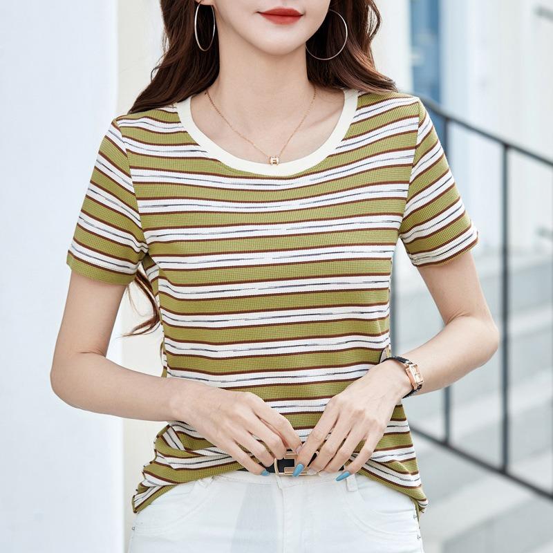 Women's Striped T-shirt Short-sleeved Spring and Summer Outside The New Round Neck Knit Shirt Bottoming Inside The Shoulder Slim Top