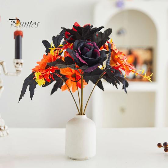 Fall Floral Arrangement Halloween Artificial Flower, Faux Sunflower Rose Bouquet with Black Harvest Party Decoration Maple Leaves, Autumn Fake